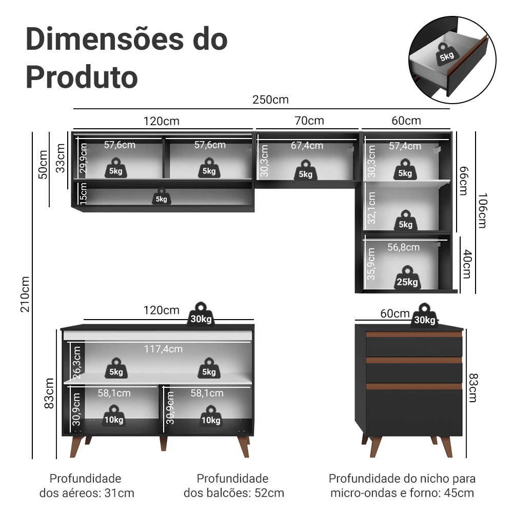 Armário de Cozinha Completa 250cm Preto Reims Madesa 10