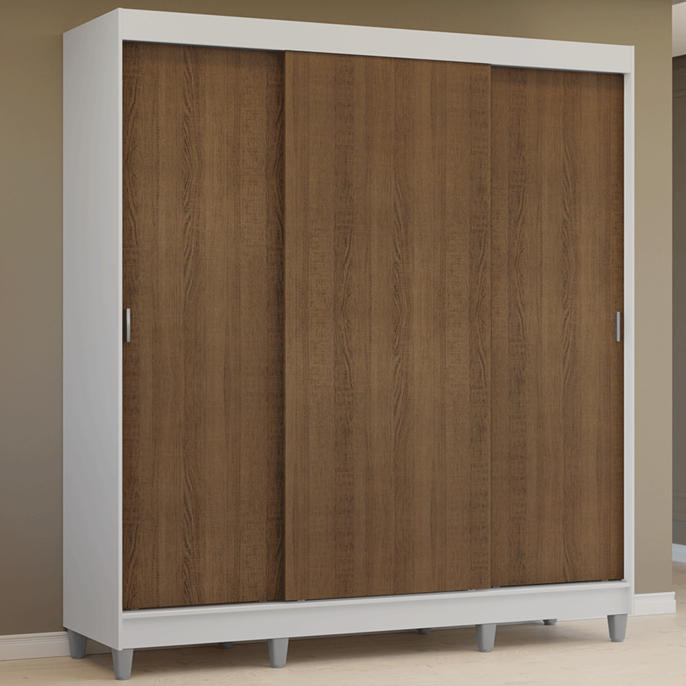 Guarda-Roupa Casal com Pés 3 Portas de Correr Branco/Rustic Reno Madesa - Branco/Rustic