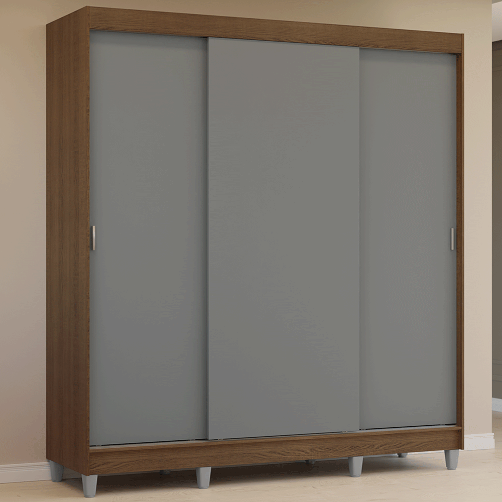 Guarda-Roupa Casal com Pés 3 Portas de Correr Rustic/Cinza Reno Madesa - Rustic/Cinza