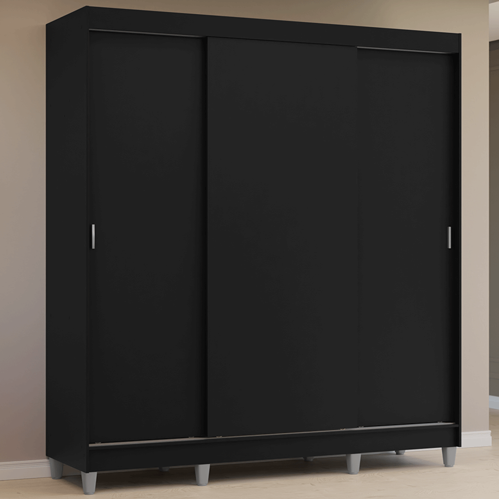 Guarda-Roupa Casal com Pés 3 Portas de Correr Preto Reno Madesa - Preto