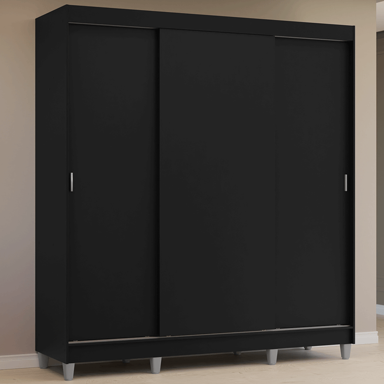 Guarda-Roupa Casal com Pés 3 Portas de Correr Preto Reno Madesa