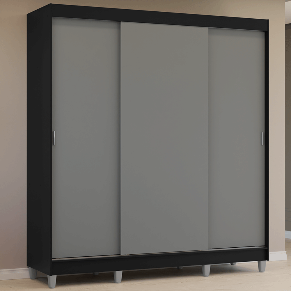 Guarda-Roupa Casal com Pés 3 Portas de Correr Preto/Cinza Reno Madesa - Preto/Cinza