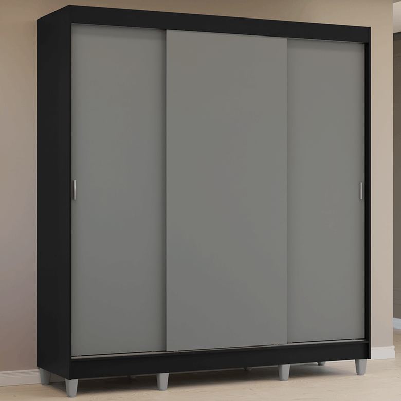 Guarda-Roupa Casal com Pés 3 Portas de Correr Preto/Cinza Reno Madesa