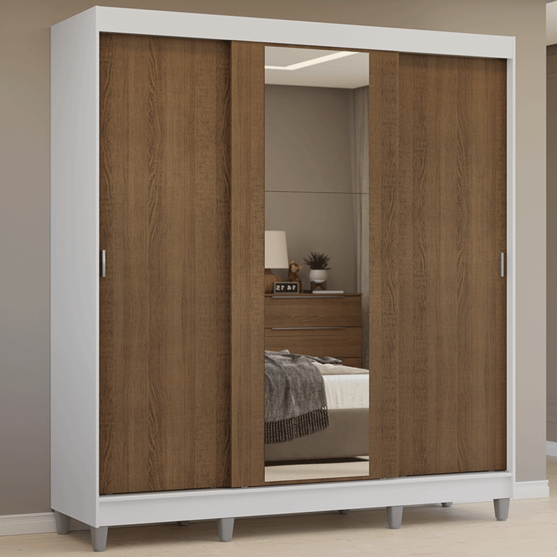 Guarda-Roupa Casal com Pés 3 Portas de Correr com Espelho Branco/Rustic Reno Madesa