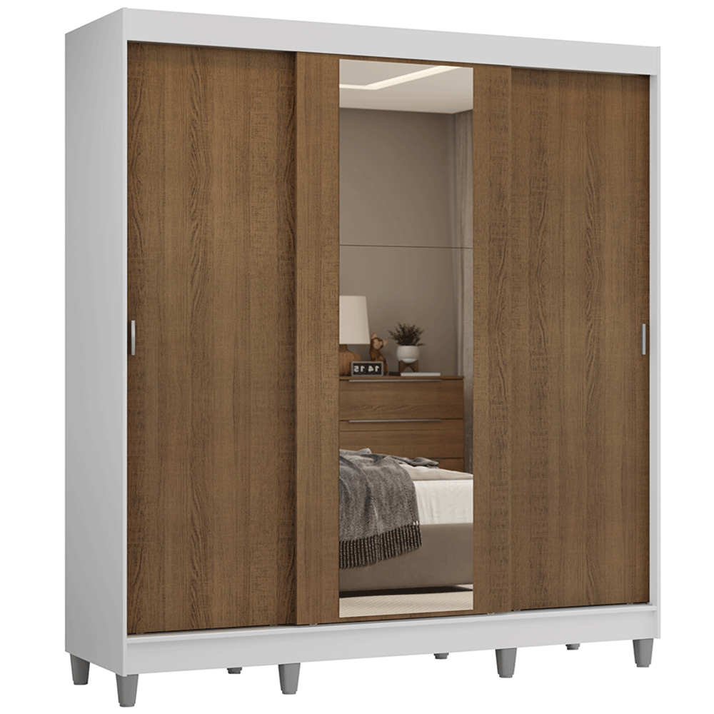 Guarda-Roupa Casal com Pés 3 Portas de Correr com Espelho Branco/Rustic Reno Madesa - Branco/Rustic