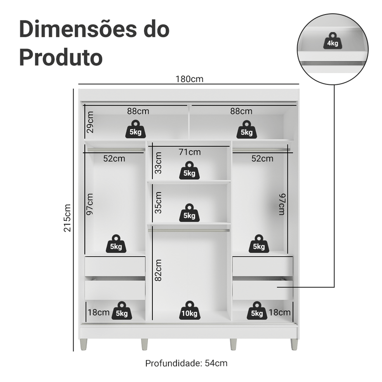 Guarda-Roupa Casal com Pés 3 Portas de Correr com Espelho Branco/Rustic Reno Madesa