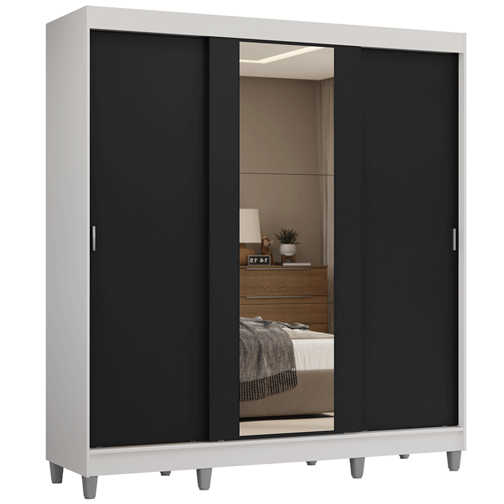Guarda-Roupa Casal com Pés 3 Portas de Correr com Espelho Branco/Preto Reno Madesa - Branco/Preto