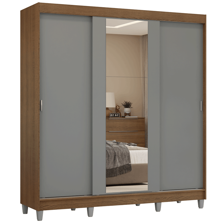Guarda-Roupa Casal com Pés 3 Portas de Correr com Espelho Rustic/Cinza Reno Madesa