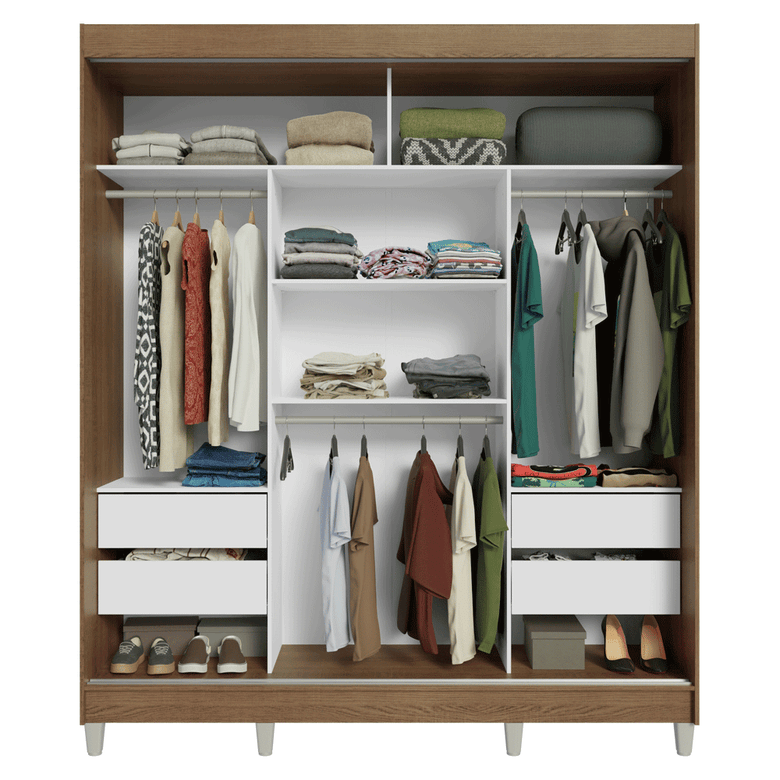 Guarda-Roupa Casal com Pés 3 Portas de Correr com Espelho Rustic/Preto Reno Madesa