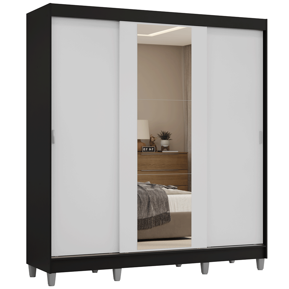 Guarda-Roupa Casal com Pés 3 Portas de Correr com Espelho Preto/Branco Reno Madesa - Preto/Branco