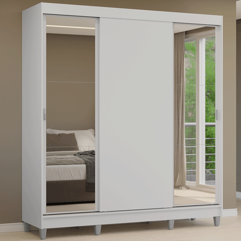 Guarda-Roupa Casal com Pés 3 Portas de Correr com Espelhos Branco Reno Madesa
