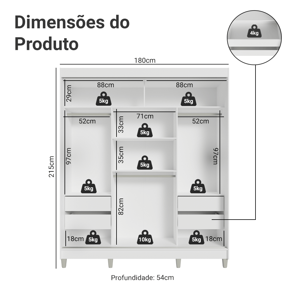 Guarda-Roupa Casal com Pés 3 Portas de Correr com Espelhos Branco Reno Madesa