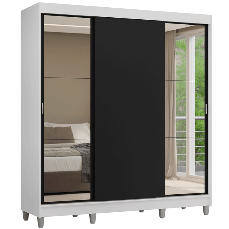 Guarda-Roupa Casal com Pés 3 Portas de Correr com Espelhos Branco/Preto Reno Madesa