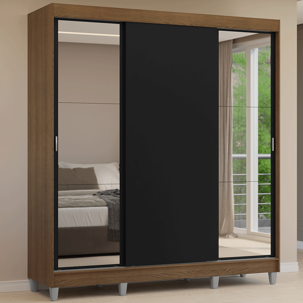 Guarda-Roupa Casal com Pés 3 Portas de Correr com Espelhos Rustic/Preto Reno Madesa - Rustic/Preto