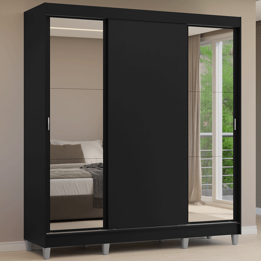 Guarda-Roupa Casal com Pés 3 Portas de Correr com Espelhos Preto Reno Madesa - Preto