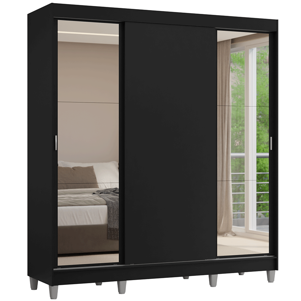 Guarda-Roupa Casal com Pés 3 Portas de Correr com Espelhos Preto Reno Madesa - Preto