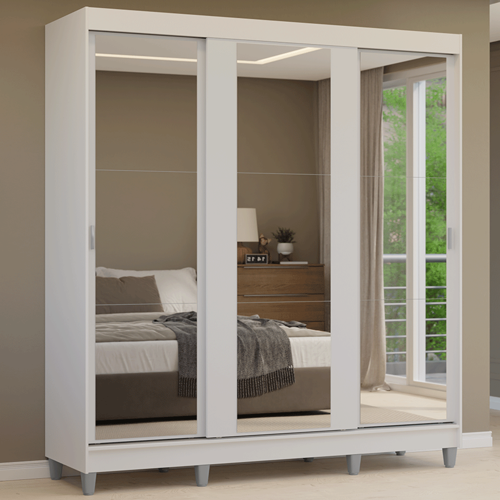 Guarda-Roupa Casal com Pés 3 Portas de Correr de Espelho Branco Reno Madesa - Branco
