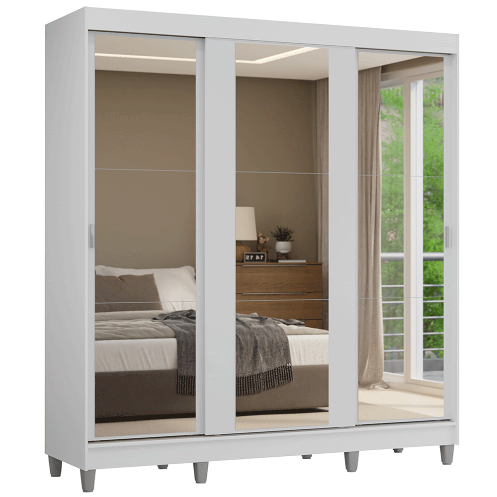 Guarda-Roupa Casal com Pés 3 Portas de Correr de Espelho Branco Reno Madesa - Branco