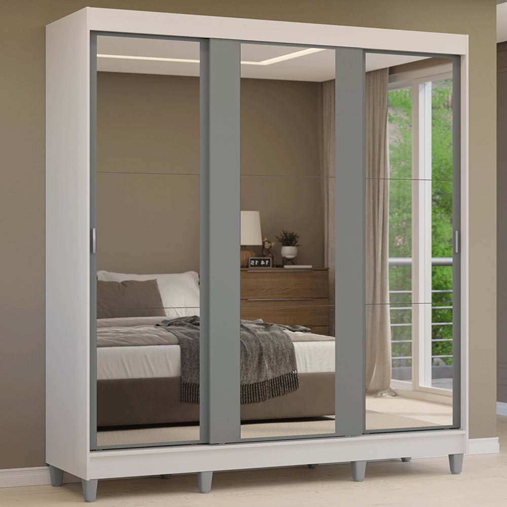 Guarda-Roupa Casal com Pés 3 Portas de Correr de Espelho Branco/Cinza Reno Madesa - Branco/Cinza