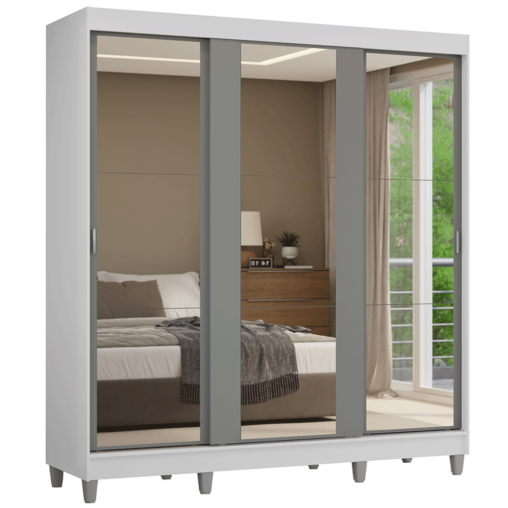 Guarda-Roupa Casal com Pés 3 Portas de Correr de Espelho Branco/Cinza Reno Madesa - Branco/Cinza