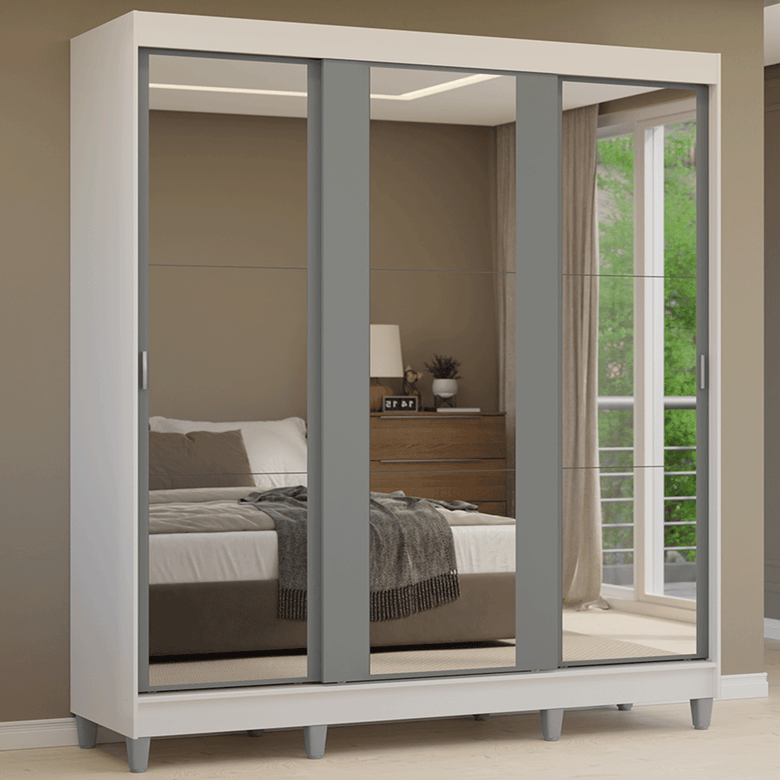 Guarda-Roupa Casal com Pés 3 Portas de Correr de Espelho Branco/Cinza Reno Madesa