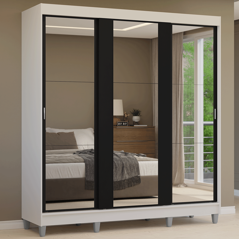 Guarda-Roupa Casal com Pés 3 Portas de Correr de Espelho Branco/Preto Reno Madesa - Branco/Preto