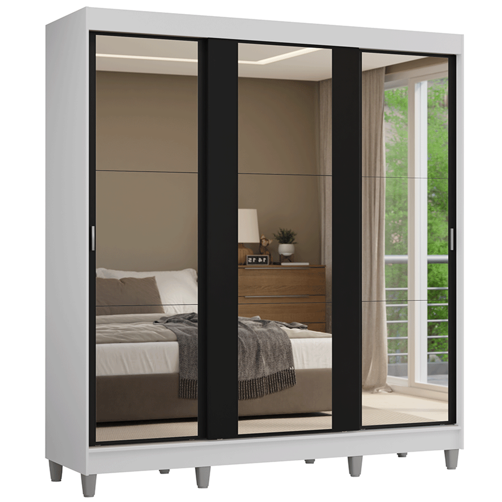 Guarda-Roupa Casal com Pés 3 Portas de Correr de Espelho Branco/Preto Reno Madesa