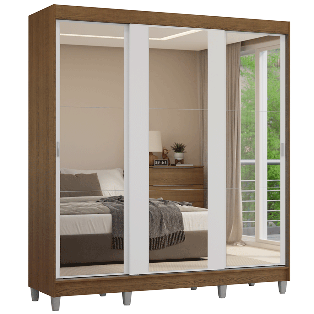 Guarda-Roupa Casal com Pés 3 Portas de Correr de Espelho Rustic/Branco Reno Madesa