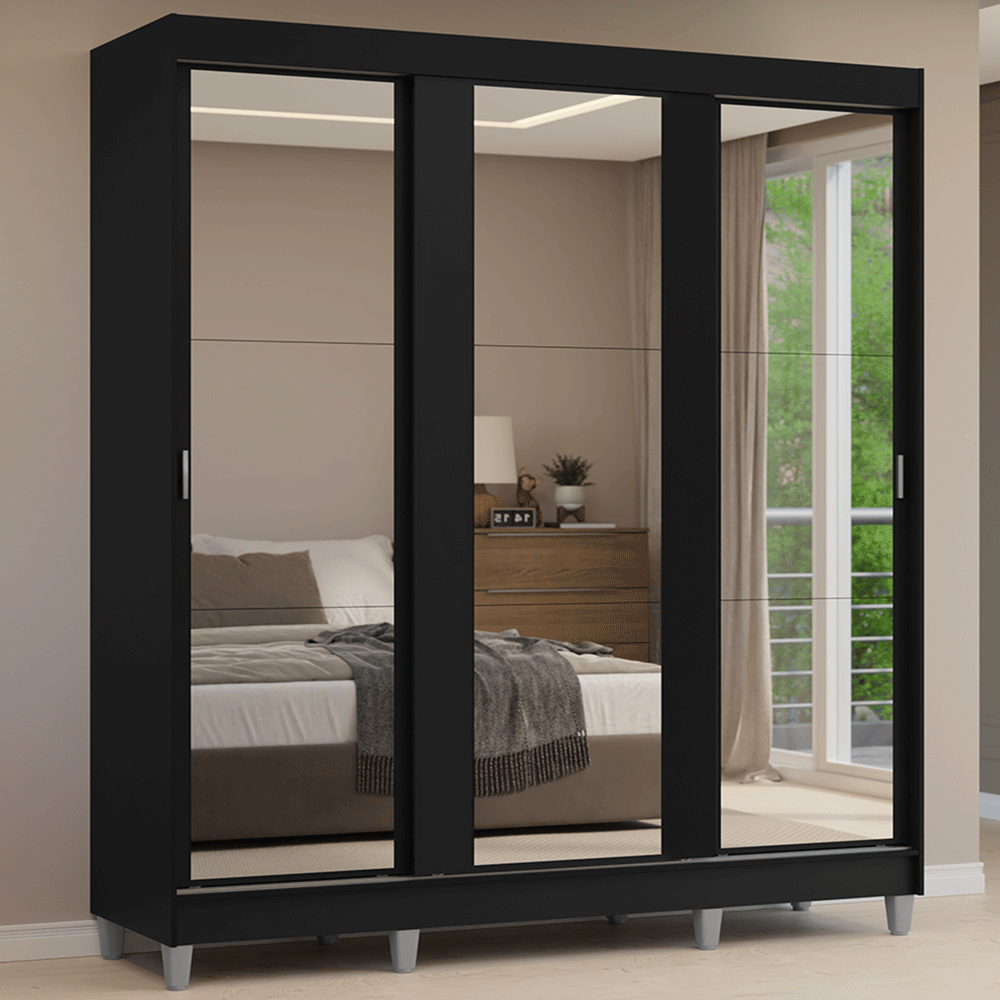Guarda-Roupa Casal com Pés 3 Portas de Correr de Espelho Preto Reno Madesa - Preto