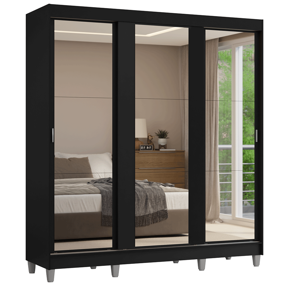 Guarda-Roupa Casal com Pés 3 Portas de Correr de Espelho Preto Reno Madesa - Preto