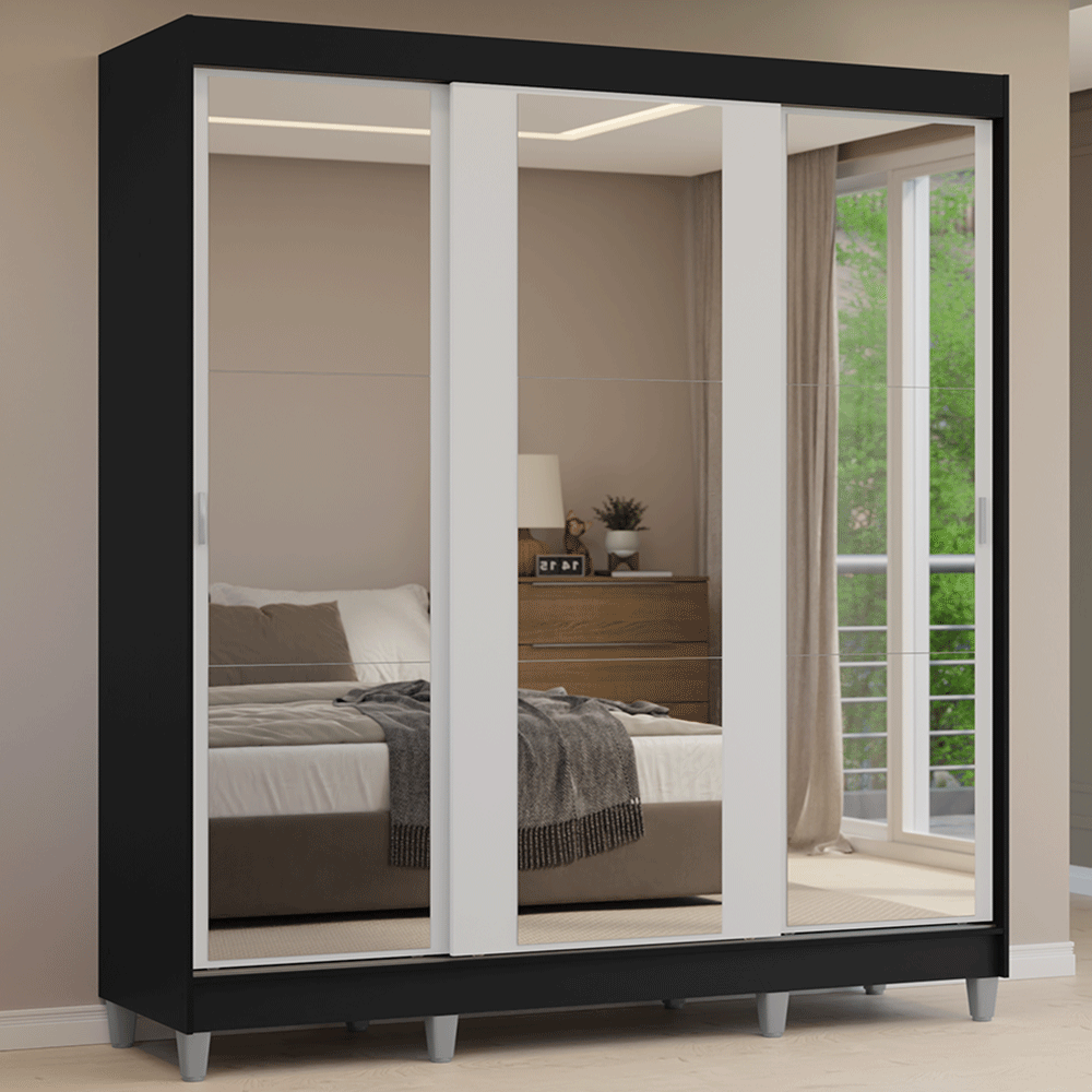 Guarda-Roupa Casal com Pés 3 Portas de Correr de Espelho Preto/Branco Reno Madesa - Preto/Branco
