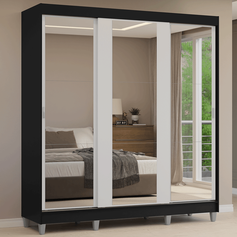 Guarda-Roupa Casal com Pés 3 Portas de Correr de Espelho Preto/Branco Reno Madesa
