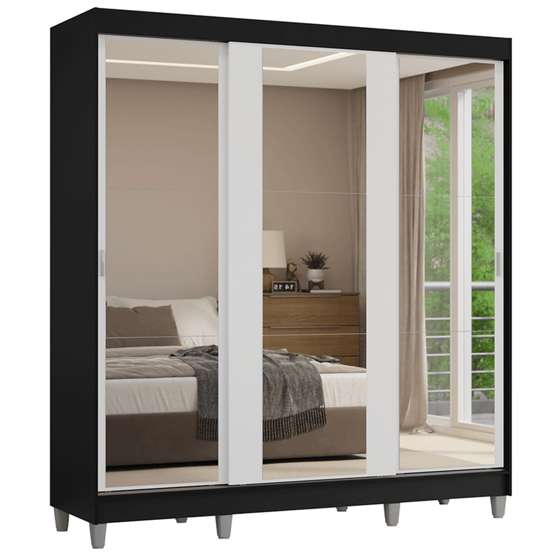 Guarda-Roupa Casal com Pés 3 Portas de Correr de Espelho Preto/Branco Reno Madesa