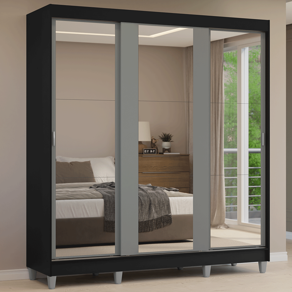 Guarda-Roupa Casal com Pés 3 Portas de Correr de Espelho Preto/Cinza Reno Madesa - Preto/Cinza