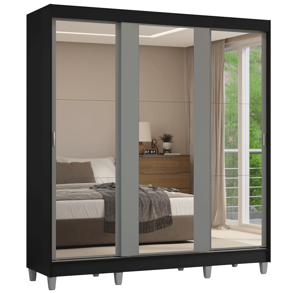 Guarda-Roupa Casal com Pés 3 Portas de Correr de Espelho Preto/Cinza Reno Madesa - Preto/Cinza