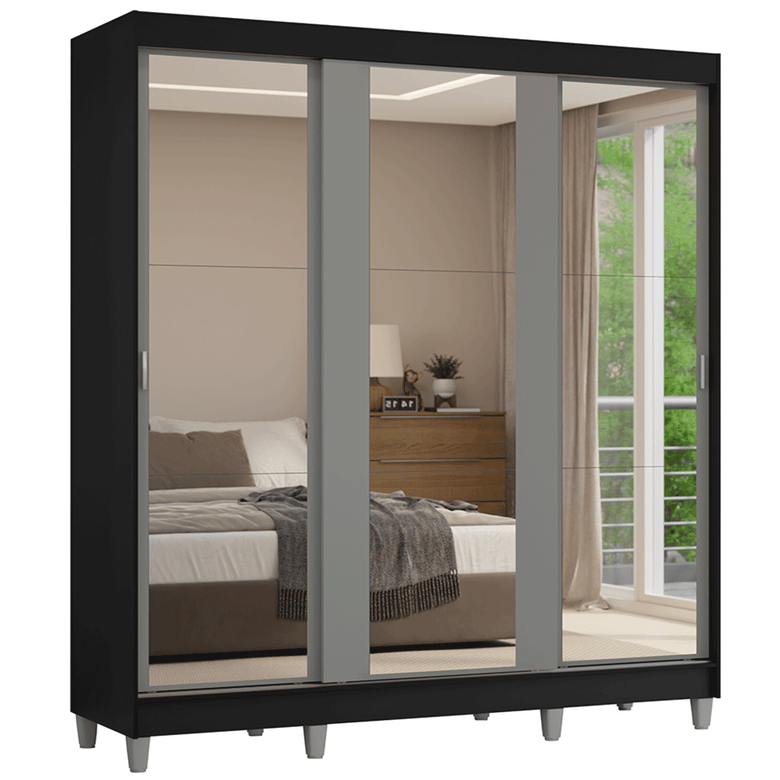Guarda-Roupa Casal com Pés 3 Portas de Correr de Espelho Preto/Cinza Reno Madesa