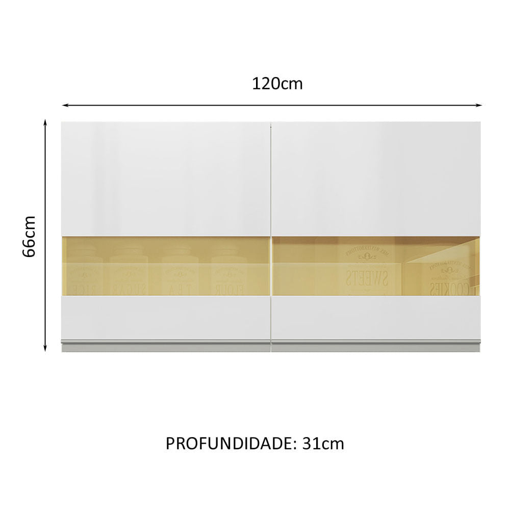 Armário Aéreo Madesa Acordes 100% MDF 120 cm 2 Portas Vidro Reflex Branco Brilho - Branco