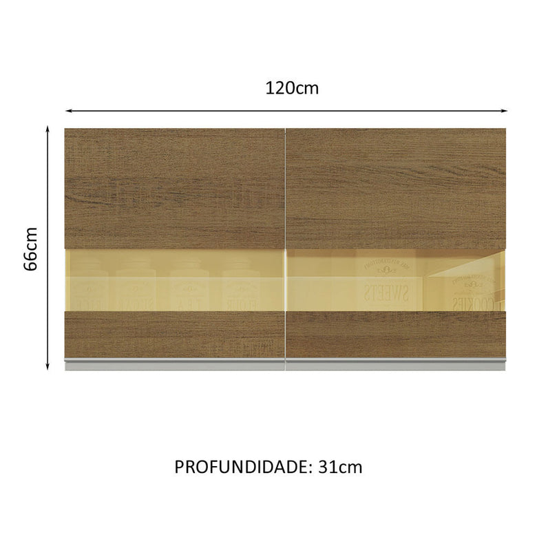 Armário Aéreo Madesa Acordes 100% MDF 120 cm 2 Portas Vidro Reflex Branco/Rustic