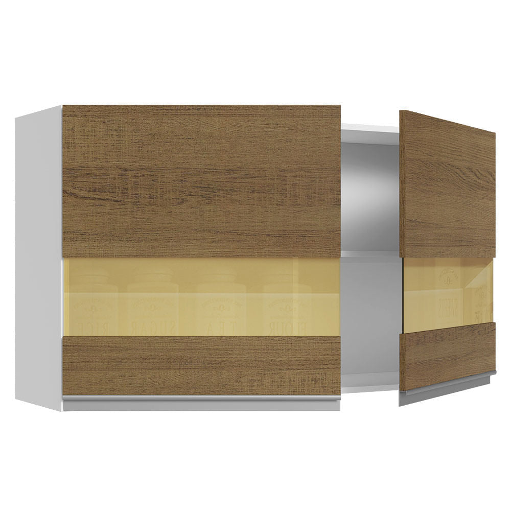 Armário Aéreo Madesa Acordes 100% MDF 120 cm 2 Portas Vidro Reflex Branco/Rustic