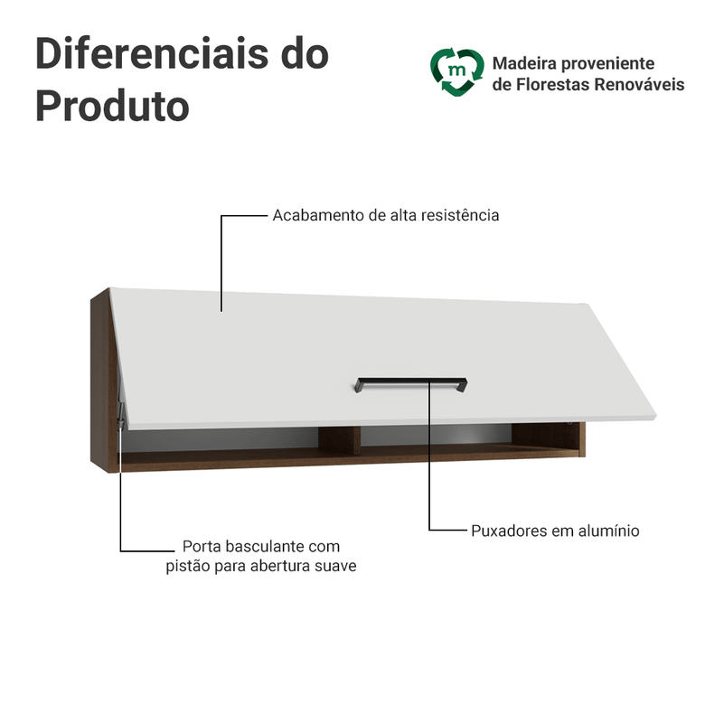 Armário Aéreo 100 cm 1 Porta Basculante Rustic/Branco Agata Madesa