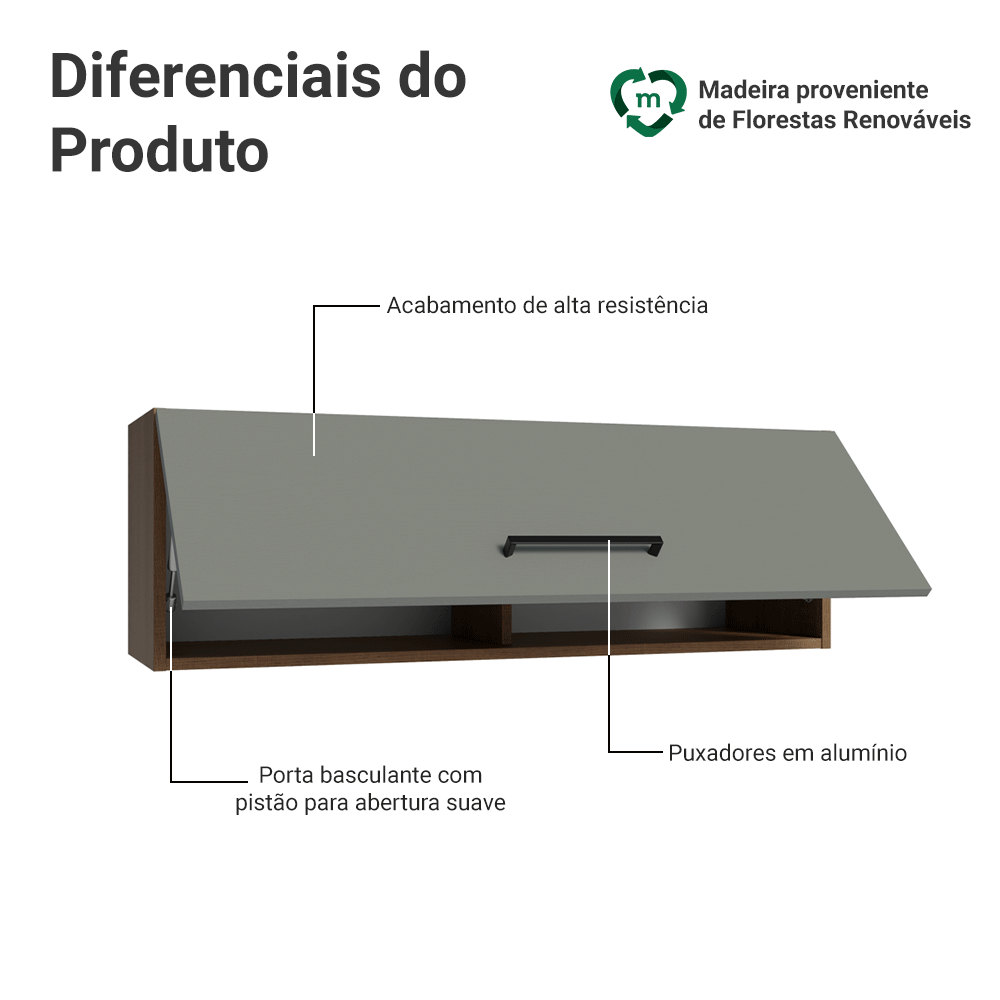 Armário Aéreo 100 cm 1 Porta Basculante Rustic/Cinza Agata Madesa