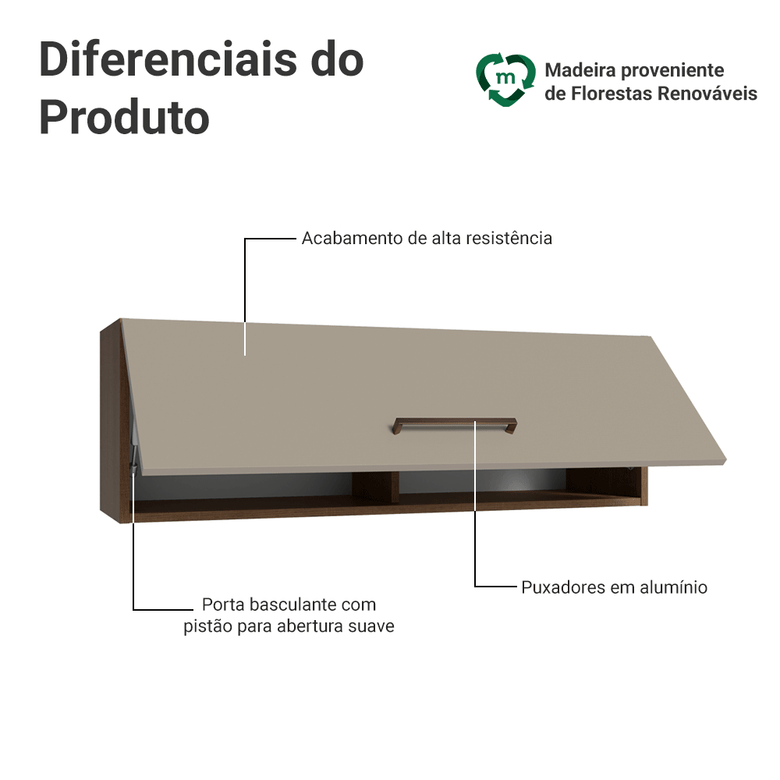 Armário Aéreo 100 cm 1 Porta Basculante Rustic/Crema Agata Madesa