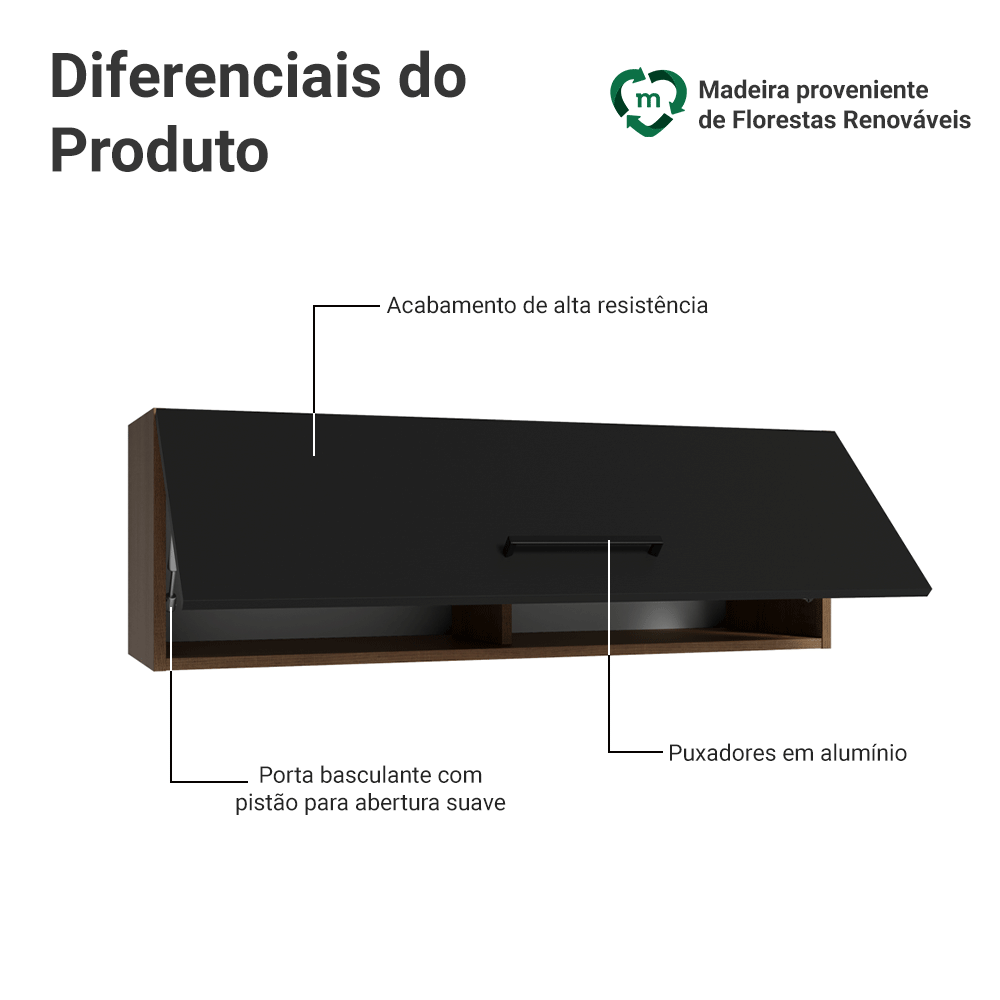 Armário Aéreo 100 cm 1 Porta Basculante Rustic/Preto Agata Madesa