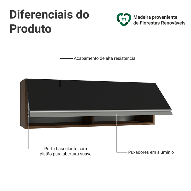Armário Aéreo 100 cm 1 Porta Basculante Rustic/Preto Glamy Madesa