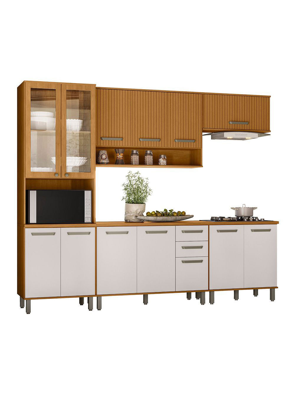 Cozinha Modulada Criare 5 Peças com Cristaleira 13 Portas com Tampo Poliman Móveis - Freijo /Ripado/ Off