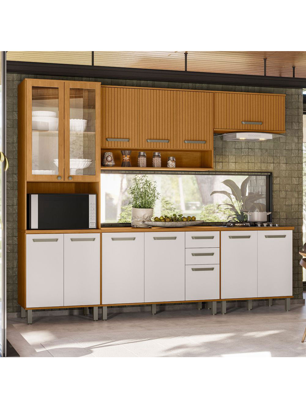 Cozinha Modulada Criare 5 Peças com Cristaleira 13 Portas com Tampo Poliman Móveis - Freijo /Ripado/ Off