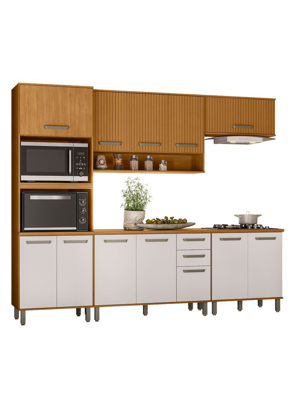 Cozinha Modulada Criare 5 Peças com Torre Quente 12 portas com Tampo Poliman Móveis - Freijo /Ripado/ Off