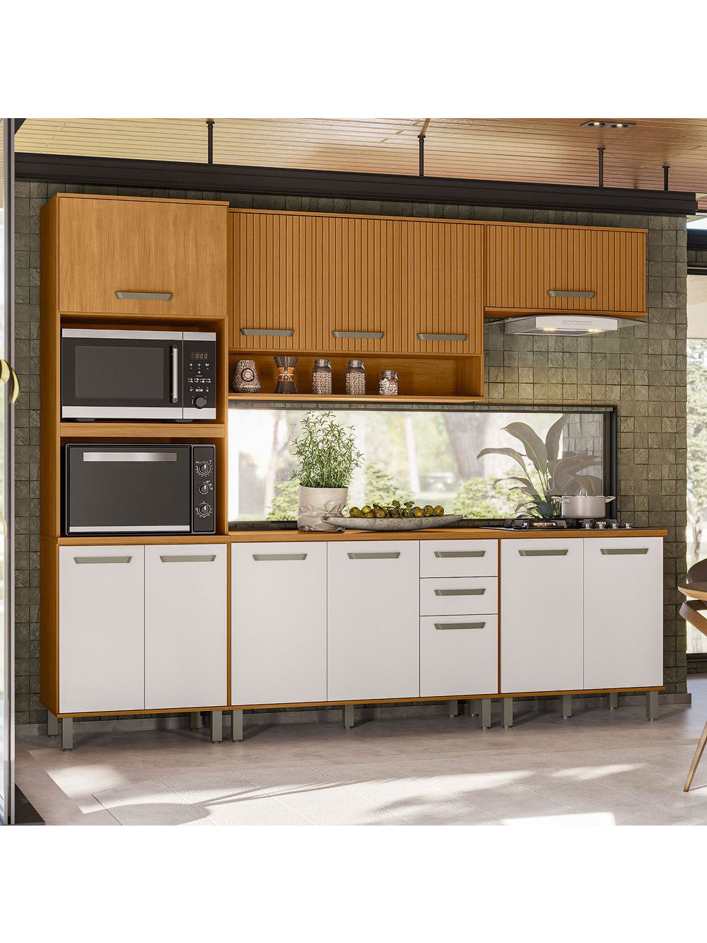 Cozinha Modulada Criare 5 Peças com Torre Quente 12 portas com Tampo Poliman Móveis - Freijo /Ripado/ Off