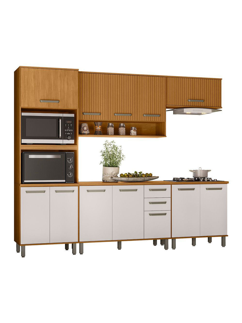 Cozinha Modulada Criare 5 Peças com Torre Quente 12 Portas para Pia Poliman Móveis - Freijo /Ripado/ Off