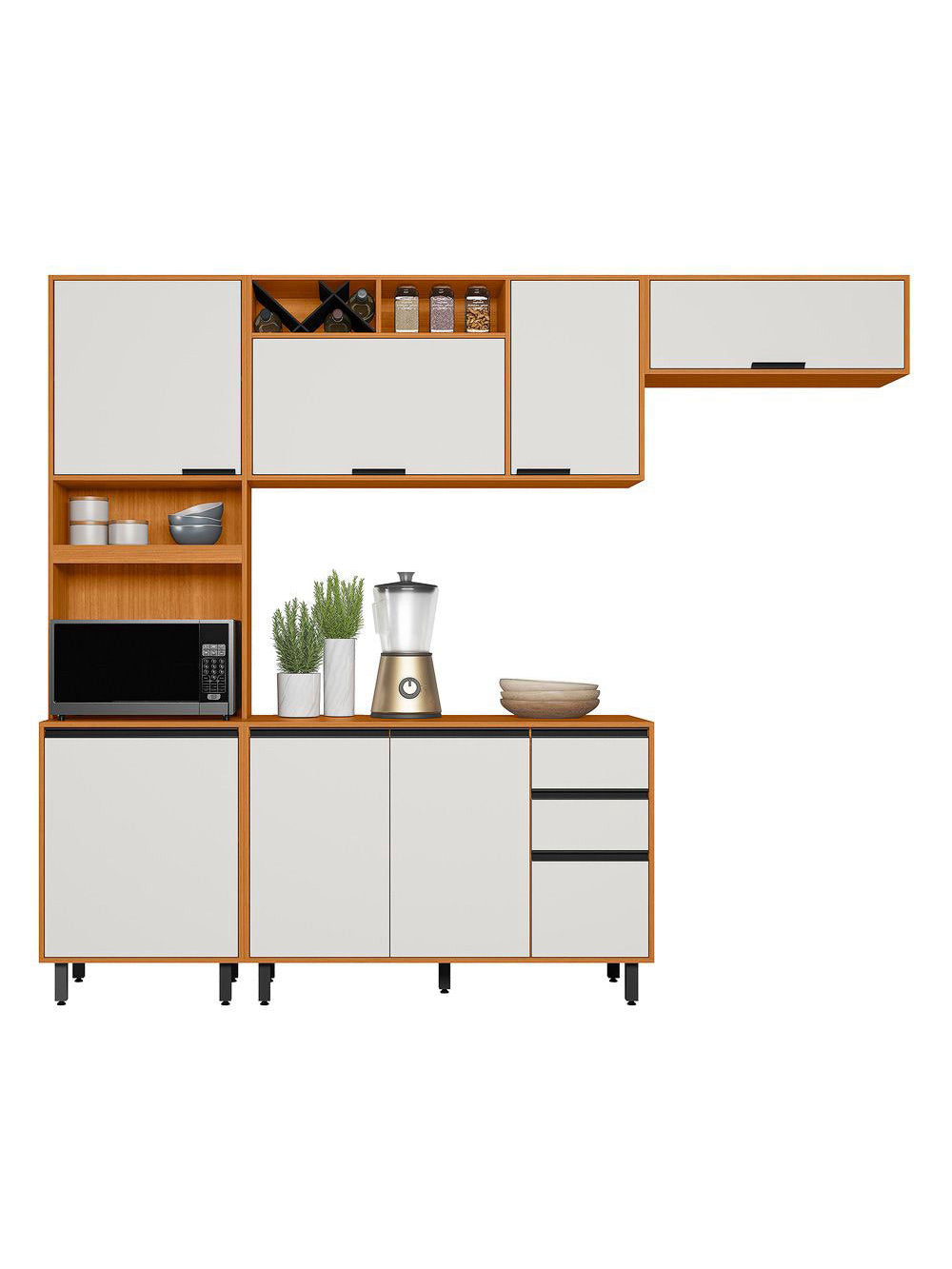Cozinha Modulada Ravena 4 Peças 8 Portas com Paneleiro Duplo Poliman Móveis - Freijo UV/Off Acetinado